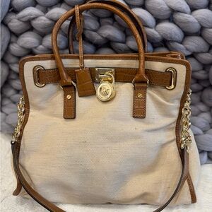 Michael Kors Tan and Brown Satchel with Gold-Tone Accents